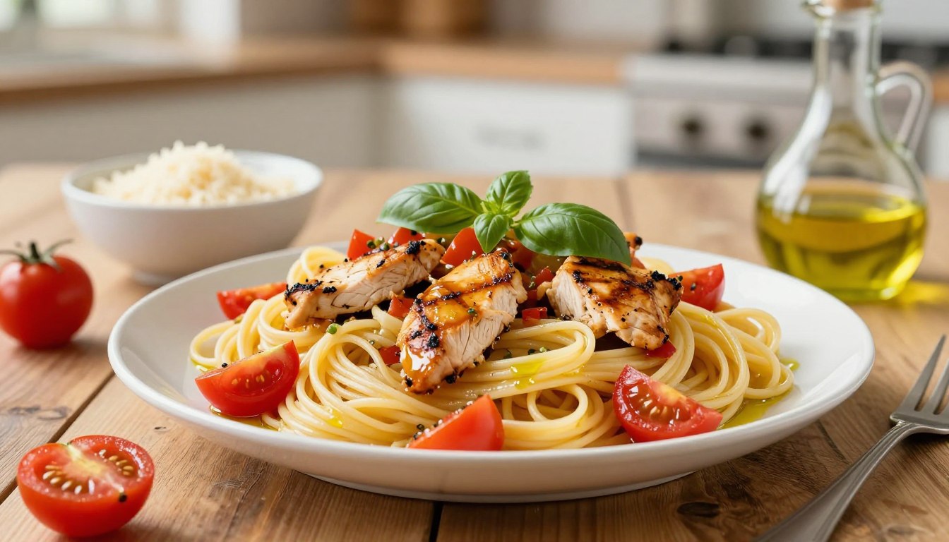 makaron z kurczakiem i pomidorami