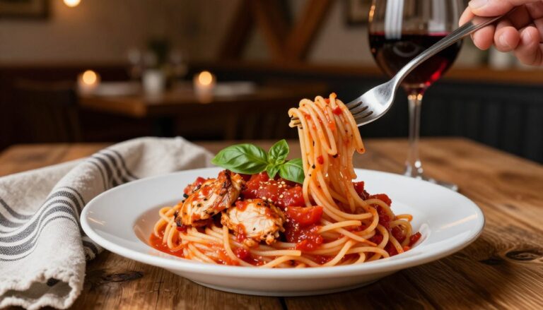 makaron z kurczakiem w sosie pomidorowym