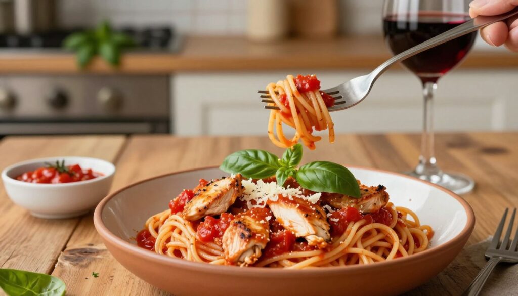 przepis makaron z kurczakiem w sosie pomidorowym