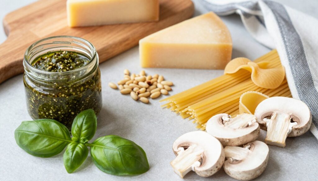Składniki do makaronu z pesto i pieczarkami Składniki do makaronu z pesto i pieczarkami