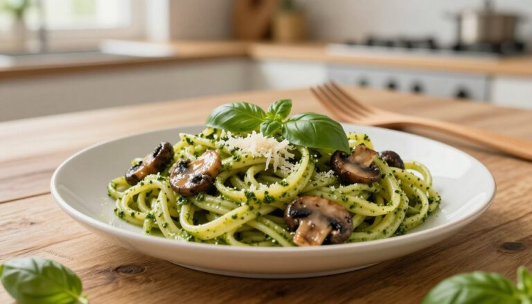 makaron z pesto i pieczarkami