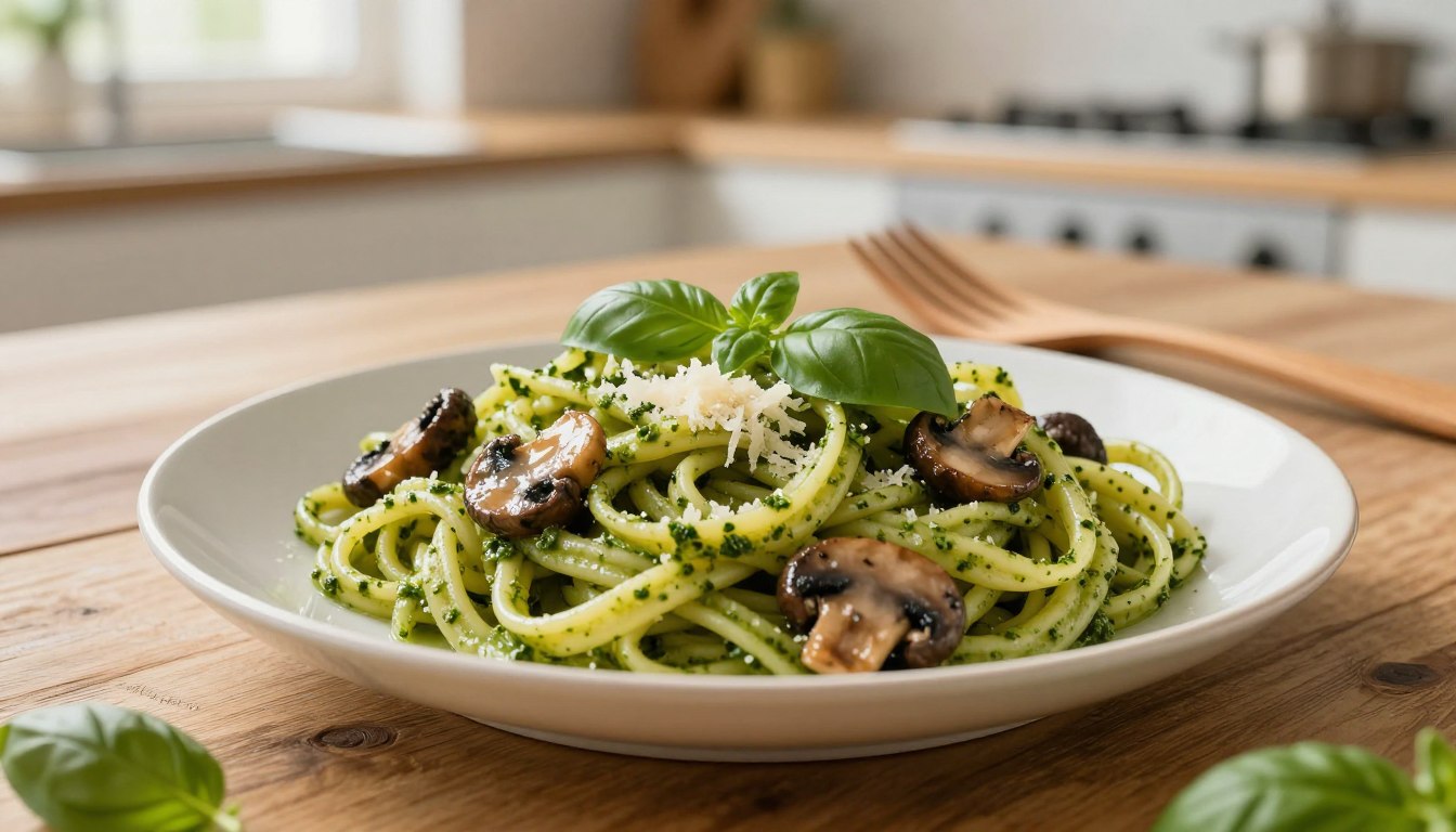 makaron z pesto i pieczarkami